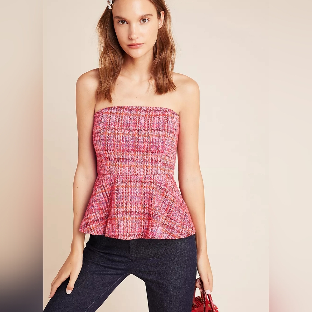 Anthropologie Pink Multi Strapless Peplum Top